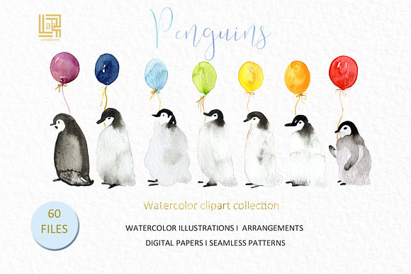 Winter Penguins. Watercolor clipart in Illustrations - product preview 5