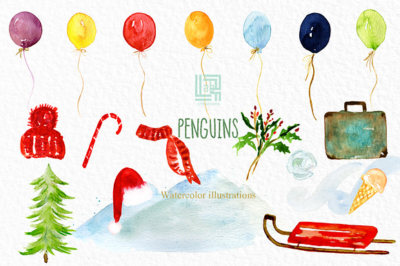 Winter Penguins. Watercolor clipart in Illustrations - product preview 6