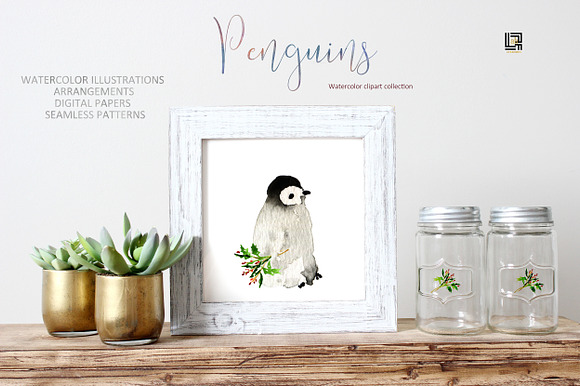 Winter Penguins. Watercolor clipart in Illustrations - product preview 7