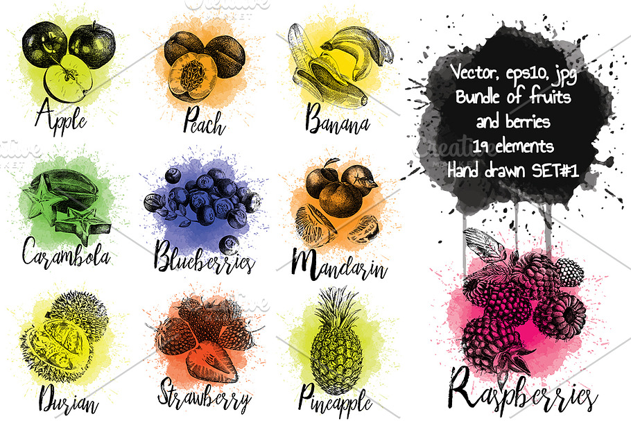 Hand drawn fruits and berries set in Illustrations - product preview 8