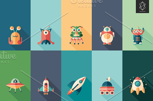 Space adventure flat square icon set in Graphics - product preview 1