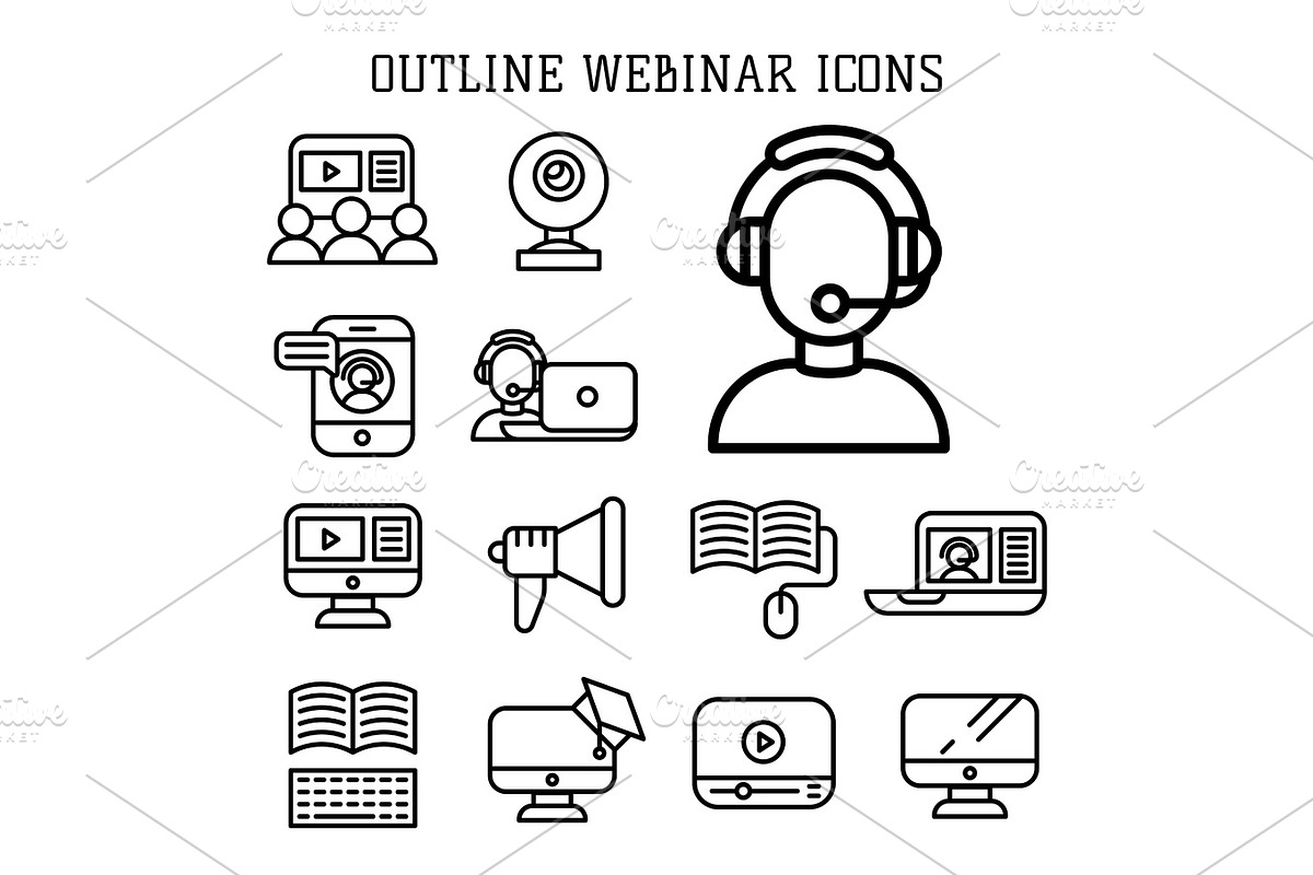Vector illustration business webinar and online education outline internet trainings icons. in Illustrations - product preview 8