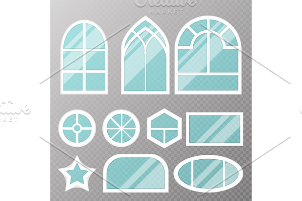 Different types house windows elements flat style glass frames construction decoration apartment vector illustration.