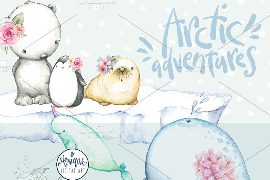 Arctic Animals Clipart Watercolor in Illustrations - product preview 8
