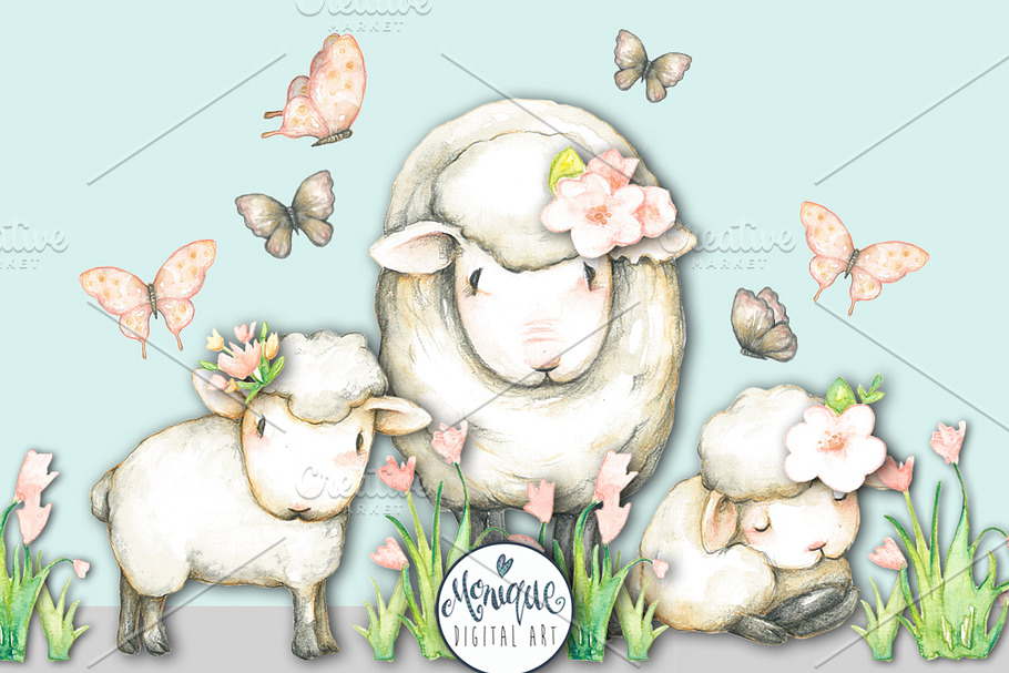 Sheep Lamb Clipart Watercolor in Illustrations - product preview 8