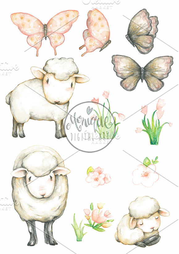 Sheep Lamb Clipart Watercolor in Illustrations - product preview 1