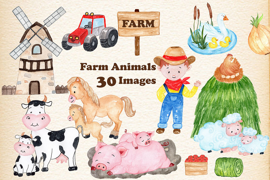 Watercolor Farm Animals Clipart in Illustrations - product preview 8