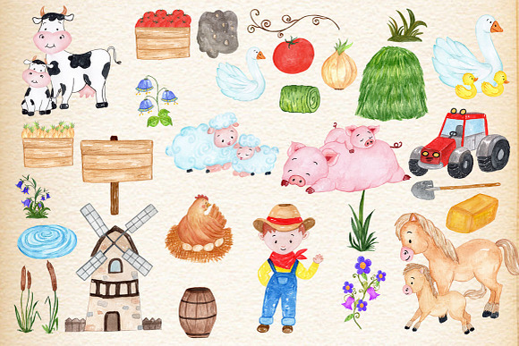 Watercolor Farm Animals Clipart in Illustrations - product preview 1