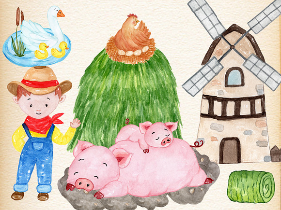 Watercolor Farm Animals Clipart in Illustrations - product preview 2