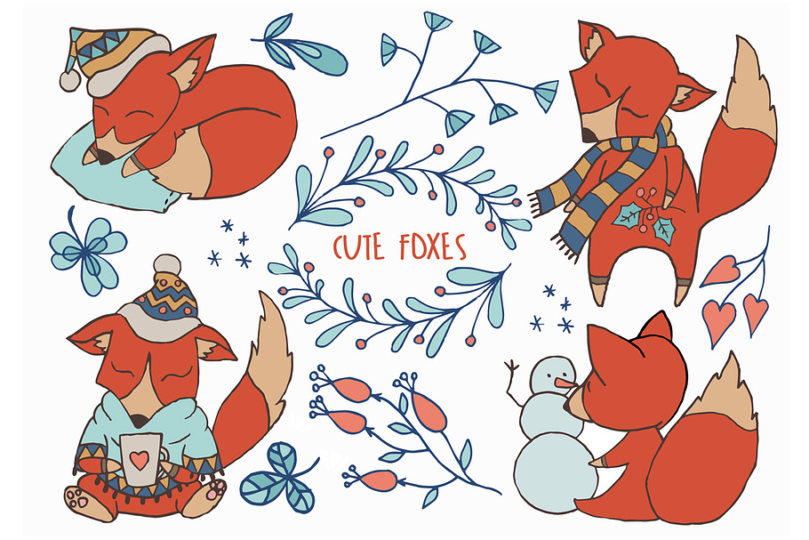 Cute Foxes Winter Woodland Clipart