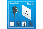 Isometric Switches and sockets set. Type M. AC power sockets realistic illustration. Power outlet and socket isolated. Plug socket.
