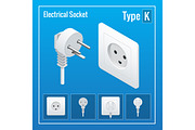 Isometric Switches and sockets set. Type K. AC power sockets realistic illustration. Power outlet and socket isolated. Plug socket.
