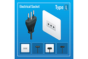 Isometric Switches and sockets set. Type L. AC power sockets realistic illustration. Power outlet and socket isolated. Plug socket.
