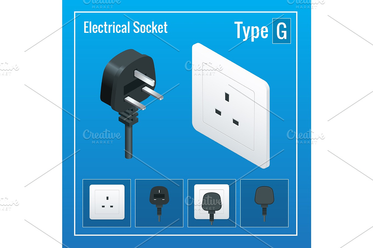 Isometric Switches and sockets set. Type G. AC power sockets realistic illustration. Power outlet and socket isolated. Plug socket. in Objects - product preview 8