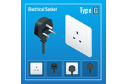 Isometric Switches and sockets set. Type G. AC power sockets realistic illustration. Power outlet and socket isolated. Plug socket.