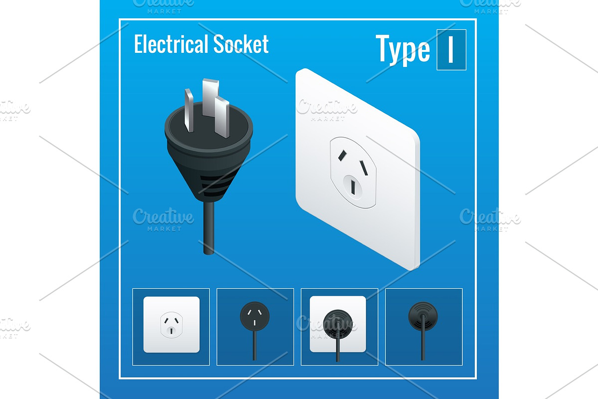 Isometric Switches and sockets set. Type I. AC power sockets realistic illustration. Power outlet and socket isolated. Plug socket. in Objects - product preview 8