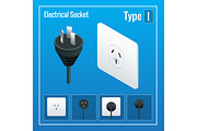 Isometric Switches and sockets set. Type I. AC power sockets realistic illustration. Power outlet and socket isolated. Plug socket.
