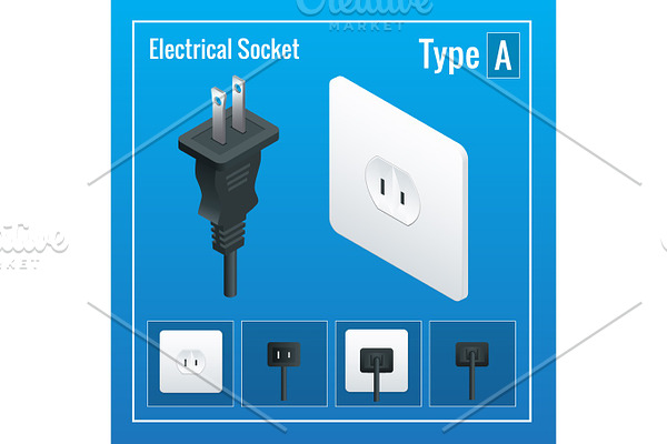 Isometric Switches and sockets set. Type A. AC power sockets realistic illustration. Power outlet and socket isolated. Plug socket.