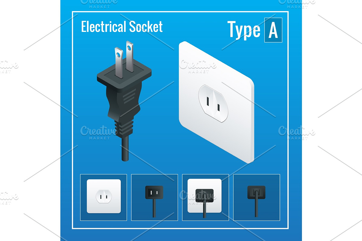 Isometric Switches and sockets set. Type A. AC power sockets realistic illustration. Power outlet and socket isolated. Plug socket. in Objects - product preview 8