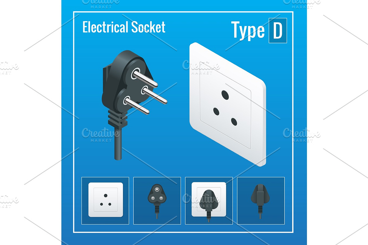 Isometric Switches and sockets set. Type D. AC power sockets realistic illustration. Power outlet and socket isolated. Plug socket. in Objects - product preview 8