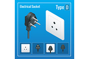Isometric Switches and sockets set. Type D. AC power sockets realistic illustration. Power outlet and socket isolated. Plug socket.