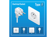 Isometric Switches and sockets set. Type F. Realistic vector illustration.