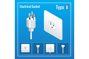 Isometric Switches and sockets set. Type B. AC power sockets realistic illustration