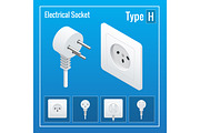 Isometric Switches and sockets set. Type H. AC power sockets realistic vector illustration