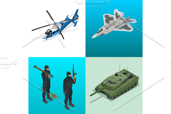 Isometric icons helicopter, aircraft, tank, soldiers