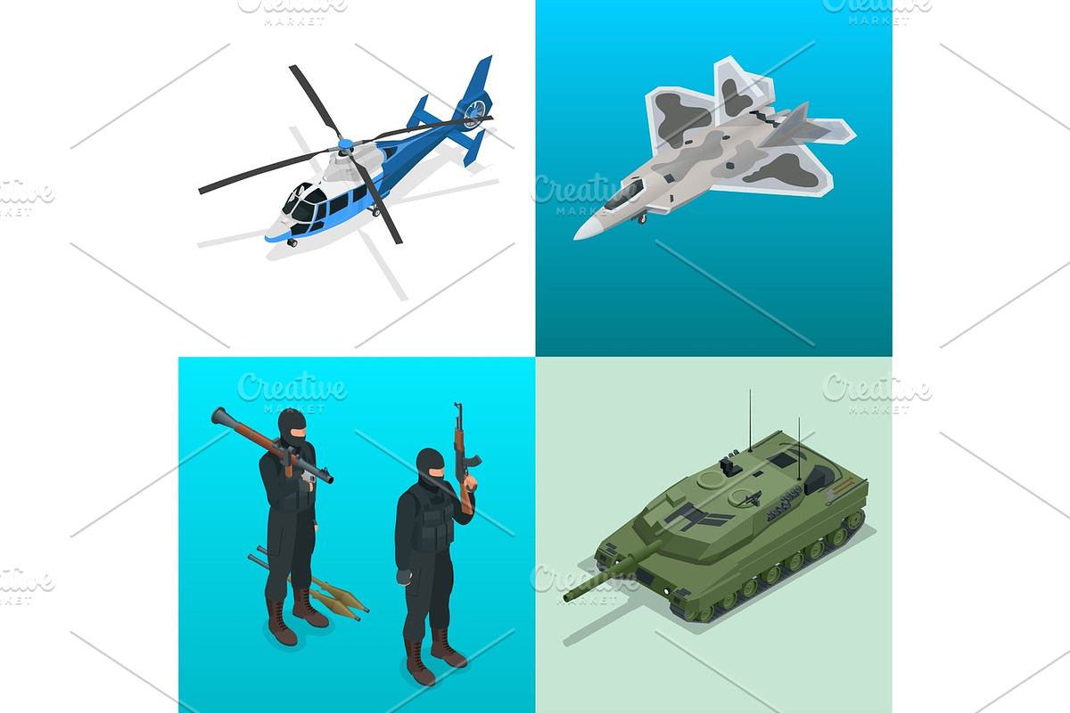 Isometric icons helicopter, aircraft, tank, soldiers in Illustrations - product preview 8