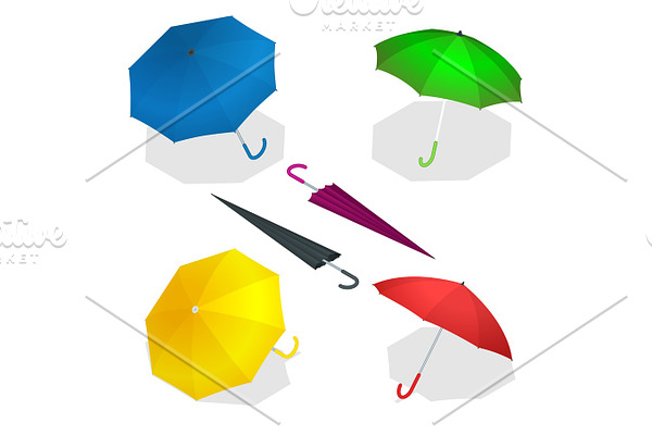 Isometric umbrellas in various positions open and folded