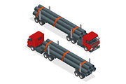 Isometric Truck tractor with flatbed trailer hauling pipe
