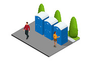 Isometric Bio mobile toilets in the city.