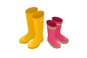 Isometric yellow and pink rubber boots