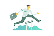 Businessman run jumps overcoming the barrier Business obstacles concept with briefcase
