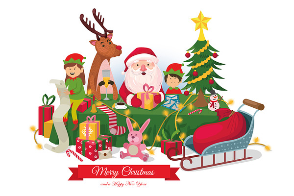 Santa Claus With A Deer And Elves Custom Designed Illustrations