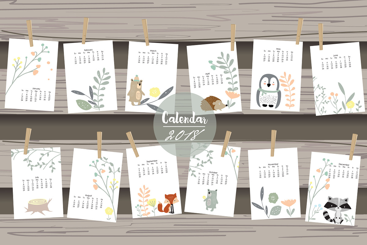 Calendar 2018 with cute animal 3# in Card Templates - product preview 8
