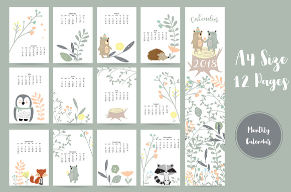 Calendar 2018 with cute animal 3# in Card Templates - product preview 1