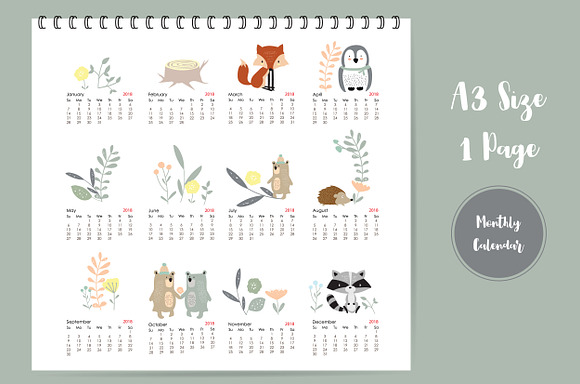Calendar 2018 with cute animal 3# in Card Templates - product preview 2