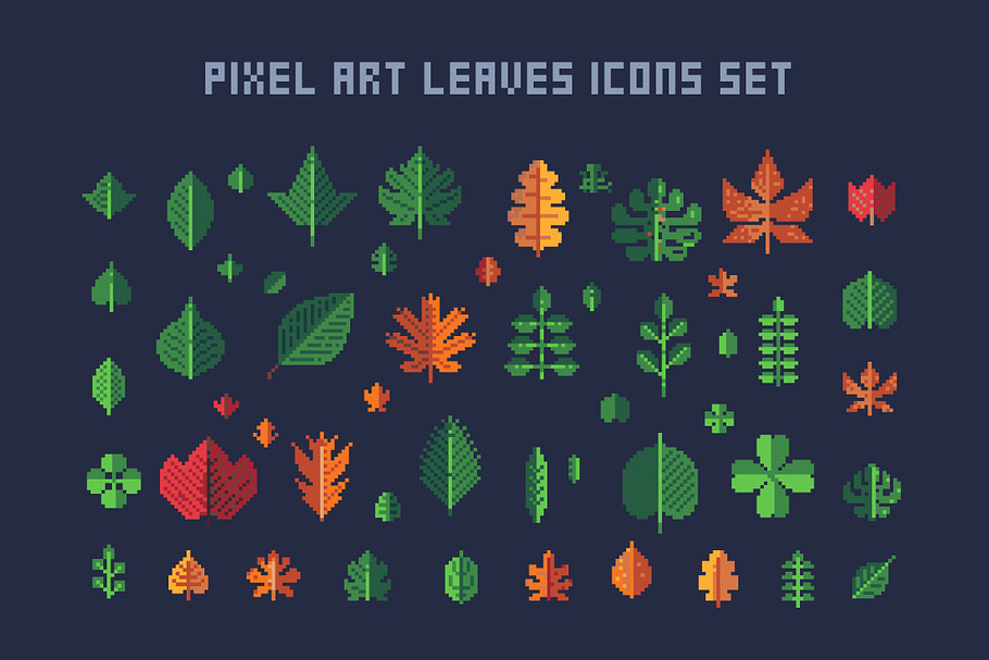 Pixel art leaves icons set