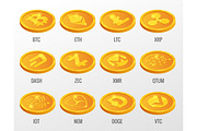 Isometric Vector set of Cryptocurrency gold coins with Bitcoin, ETH, LTC, XRP, DASH, ZEC, XMR, QTUM, IOT, NEN, DOGE, VTC. Digital virtual currency, form of money uses cryptography for security
