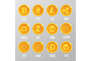 Vector set of Cryptocurrency gold coins with Bitcoin, ETH, LTC, XRP, DASH, ZEC, XMR, QTUM, IOT, NEN, DOGE, VTC. Digital virtual currency, form of money uses cryptography for security, trading online