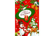 Christmas card of Xmas tree, snowman and reindeer