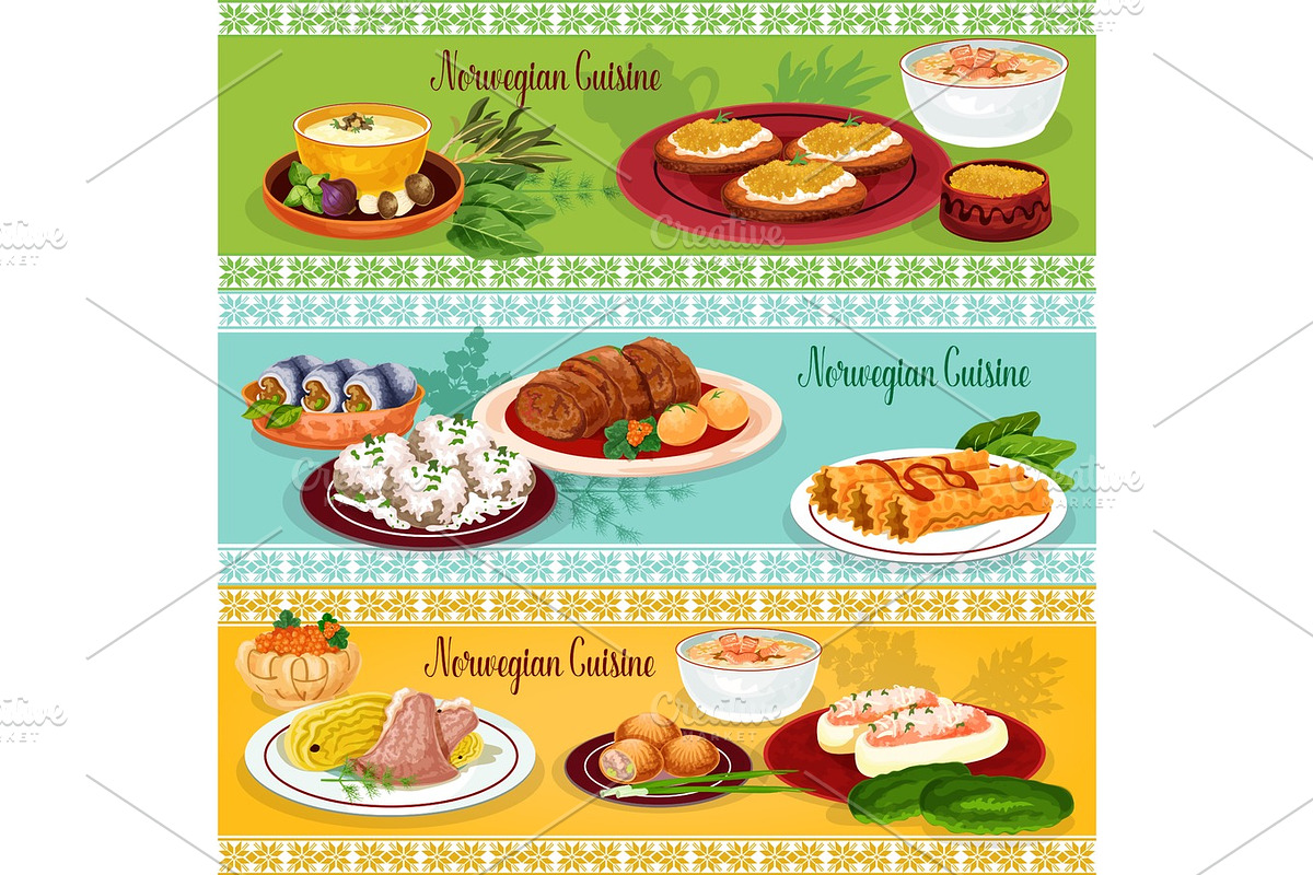 Norwegian cuisine seafood lunch banner set in Illustrations - product preview 8