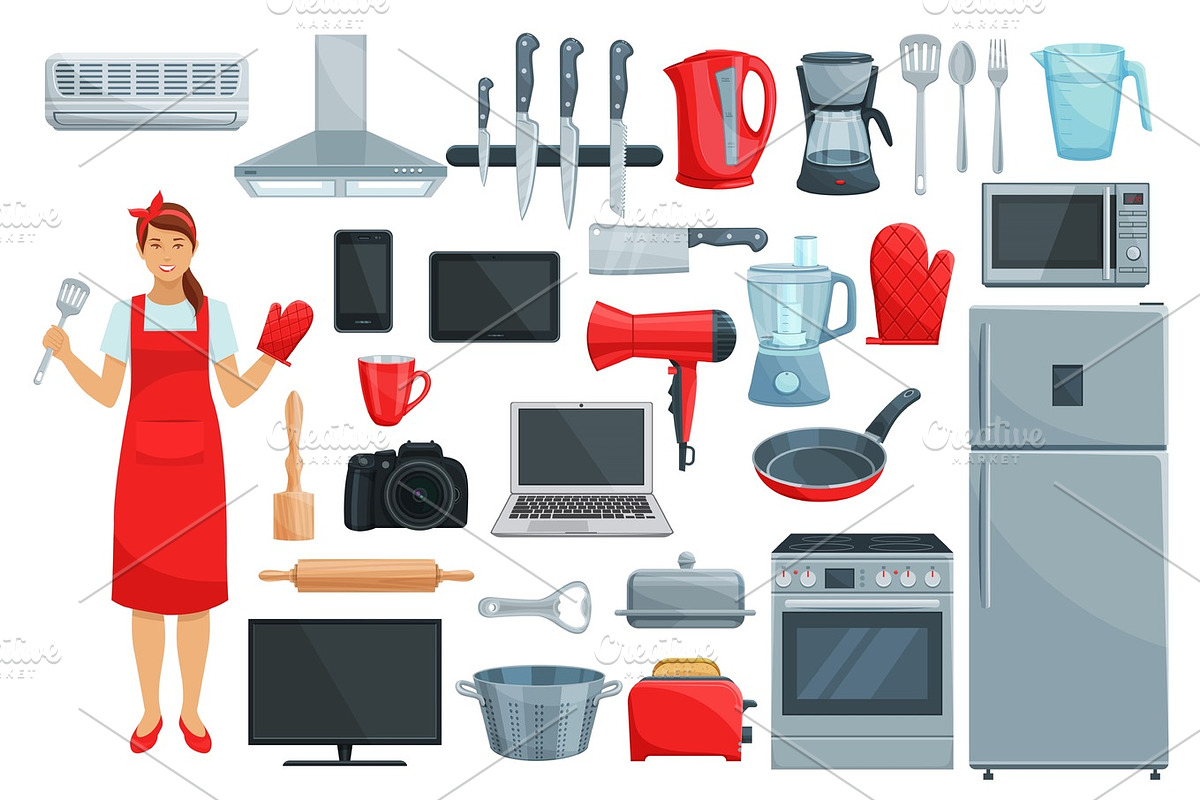Home appliances, kitchenware, kitchen utencils set in Illustrations - product preview 8