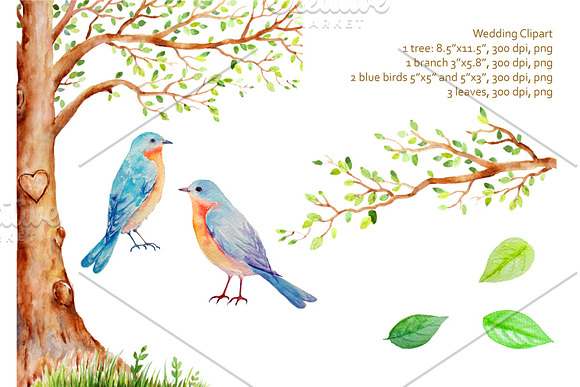 Watercolor Wedding Tree Blue Birds in Illustrations - product preview 1