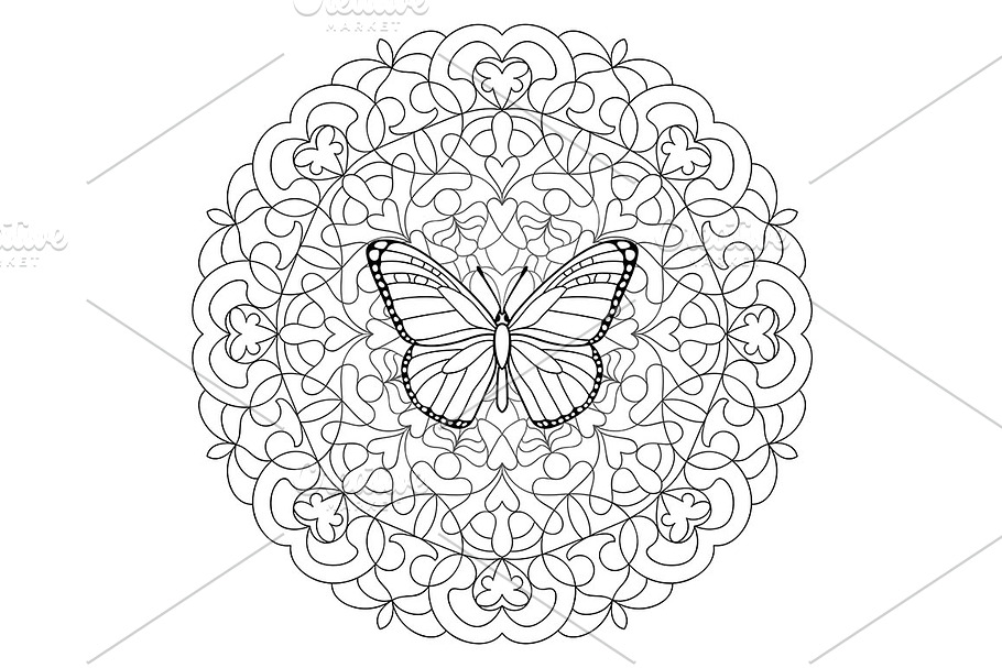 Butterfly Mandala Coloring Page | Custom-Designed Graphic Objects