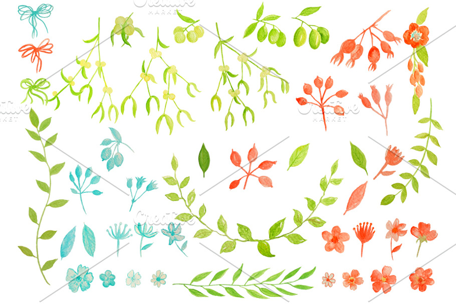 Watercolor Clipart Mistletoe Olive in Illustrations - product preview 8