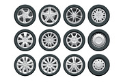 Vector car wheels set for design Auto service shop. Rims flat collection on white background.
