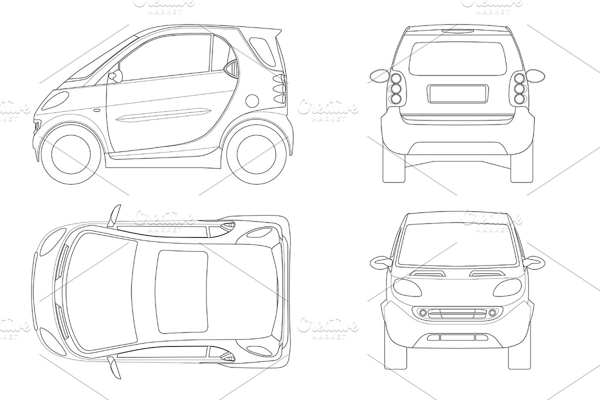 Vector compact small car in outline. Small Compact Hybrid Vehicle. Eco-friendly hi-tech auto. Easy to change the thickness of the lines. Template vector isolated on white View front, rear, side, top in Illustrations - product preview 8